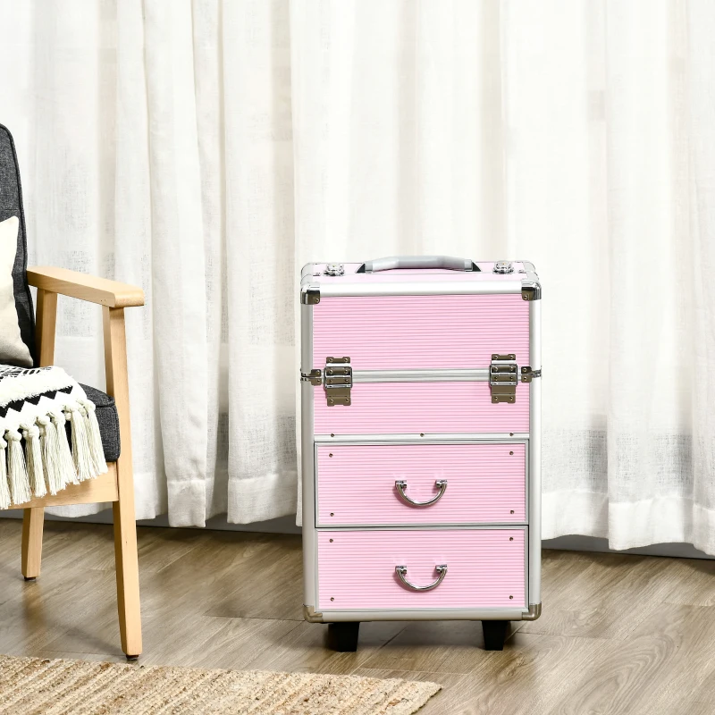 HOMCOM Rolling Makeup Storage Case w/ Swivel Wheel, Pink