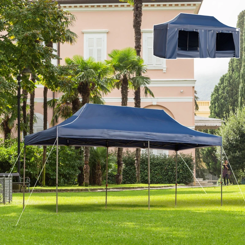 Outsunny 10' x 20' Pop Up Canopy Tent with Sidewalls & Doors, Instant Tents for Parties with Wheeled Carry Bag, Height Adjustable, for Outdoor, Garden, Patio, Blue