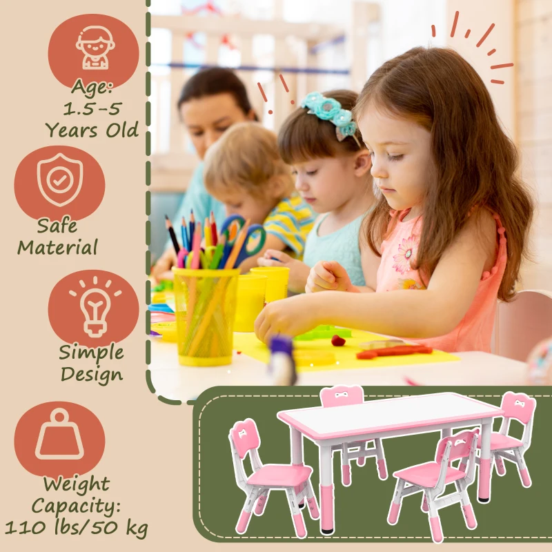 Qaba Kids Table and Chair Set with 4 Chairs, Adjustable Height, Easy to Clean, for 1.5 - 5 Years Old, Pink