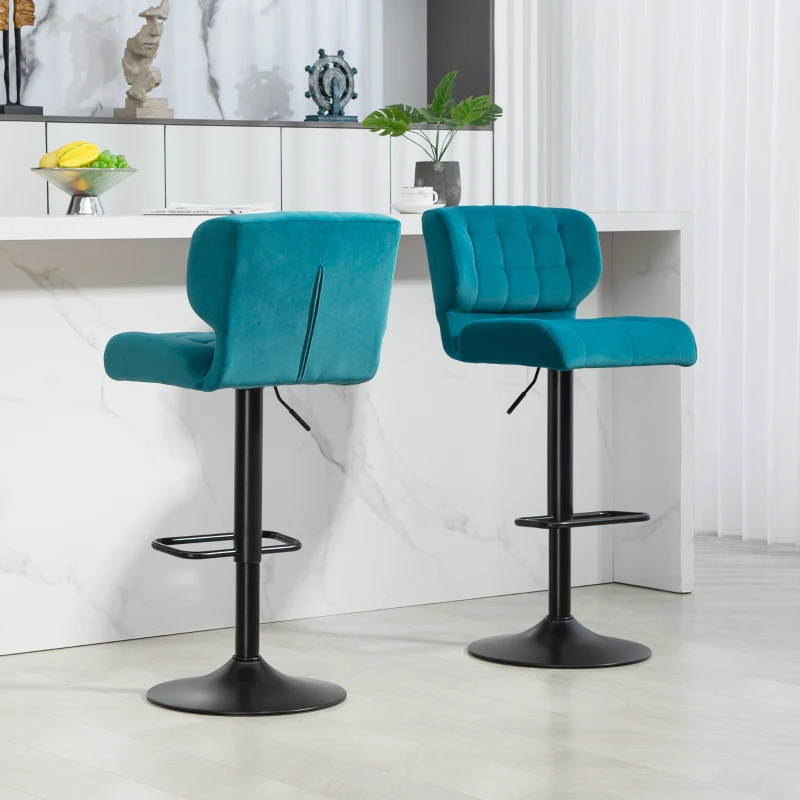 HOMCOM Swivel Tufted Velvet-feel Fabric Barstools Set of 2 Adjustable Bar Stools with Footrest for Counter Dining Room Blue