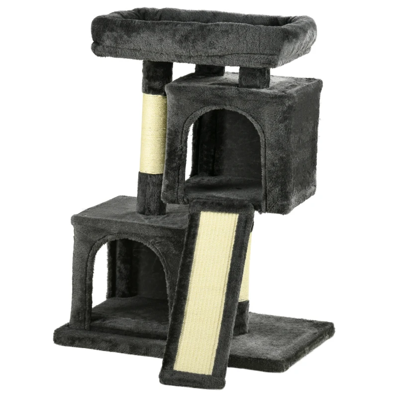PawHut Plush Cat Tree Tower w/ Sisal Scratching Post Board Perch Condo Dark Grey