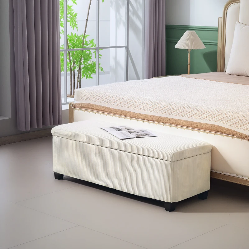 HOMCOM 44 Inches Ottoman with Storage, Lid, Legs, Corduroy End of Bed Bench for Living Room, Bedroom, Entryway, Beige