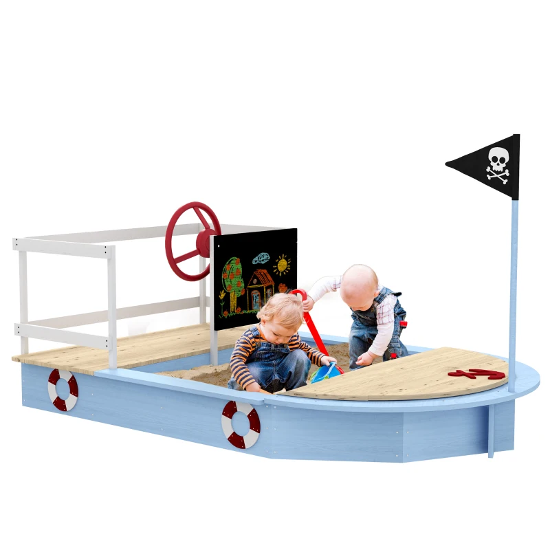 Outsunny Wooden Sandbox with Pirate Ship Design for 3-7 Years, Blue