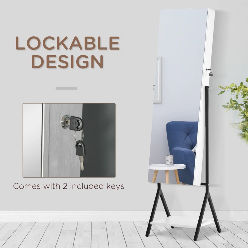 HOMCOM Jewellery Cabinet with Full-Length Mirror and Shelf, Jewellery Armoire, Lockable Storage Organizer for Dressing Room, White