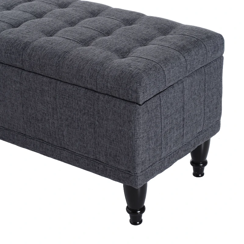 HOMCOM Storage Ottoman, Linen Fabric Button Tufted Storage Bench with Soft Close Lid for Living Room, Entryway or Bedroom, Dark Heather Gray