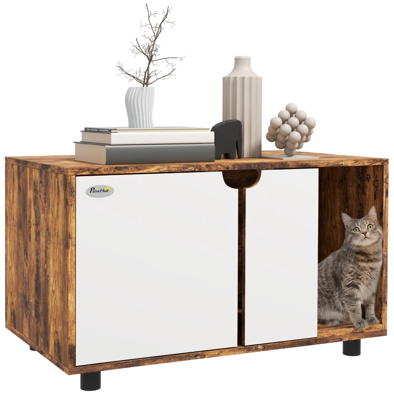 PawHut Hidden Cat Litter Box Enclosure with Double Doors and Sand Drain Pad, Rustic Brown