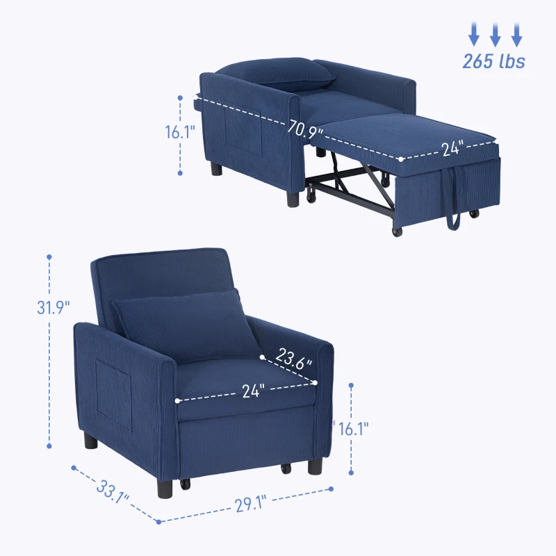 HOMCOM 3-in-1 Convertible Chair Bed, Pull Out Sofa Bed Sleeper Chair with Adjustable Backrest, Pillow, and Pockets, Blue
