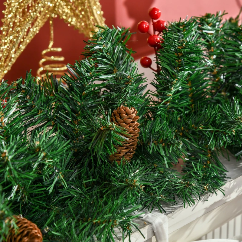 HOMCOM Prelit Holiday Christmas 4-Piece Set, Garland Wreath and Set of 2 Entrance Trees with Warm White LED Lights, Red Berries, Pine Cones, Green