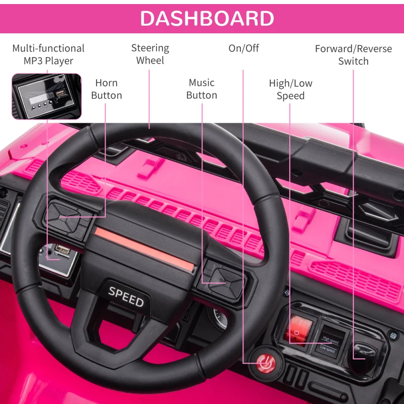 Aosom 12V Kids Ride on Car with Remote Control, Battery-Operated Ride on Toy with Spring Suspension, Led Lights, Music, Horn, 3 Speeds, USB, MP3, Pink
