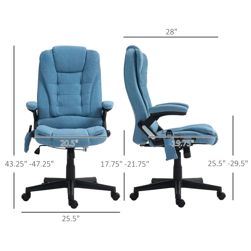 Vinsetto 6 Point Vibrating Massage Office Chair with Heat, Linen High Back Massage Desk Chair w/ Reclining Backrest, Light Blue