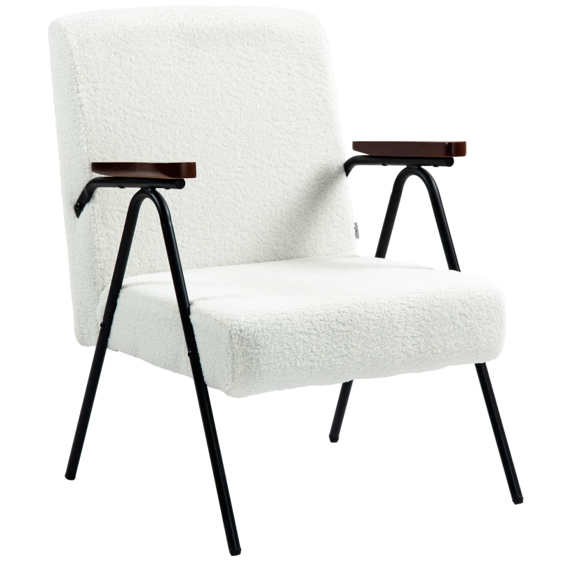 HOMCOM Modern Armchair, Upholstered Teddy Fleece Accent Chair with Wood Arms and Steel Frame for Living Room, Bedroom, White