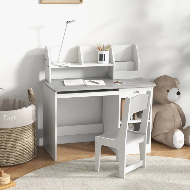 Qaba Kids Desk and Chair Set for 5-8 Year Old with Storage, Study Table and Chair for Children, Grey