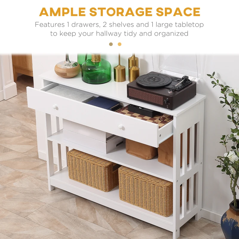 HOMCOM Console Hallway Table with Extra Wide Pull Out Drawer, 2 Open Shelves and Slatted Wood Frame Design, White