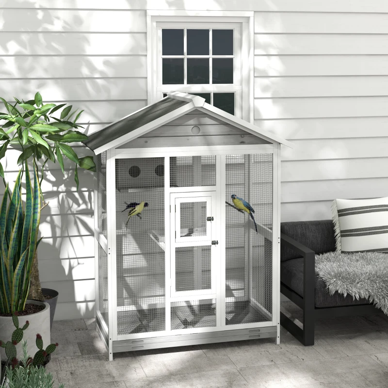 PawHut 64.5" Wooden Bird Cage Aviary, Flight Cage with 4 Perches, Nest and Slide-Out Tray for Indoor/Outdoor, Gray