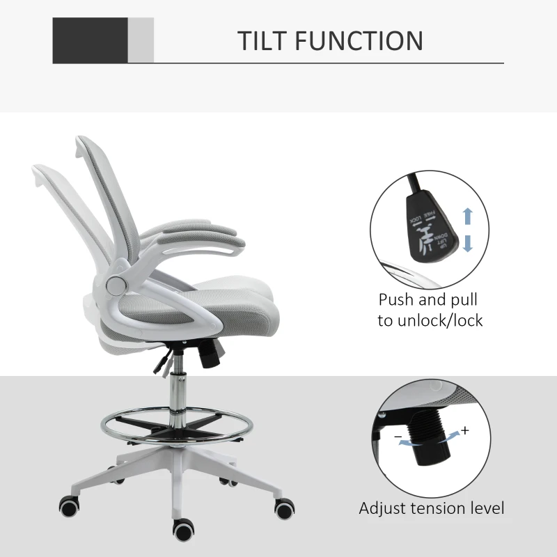 Vinsetto Height-Adjustable Tall Office Chair, Drafting Chair with Flip-Up Armrest, Footrest Ring, Swivel Wheels, Light Grey