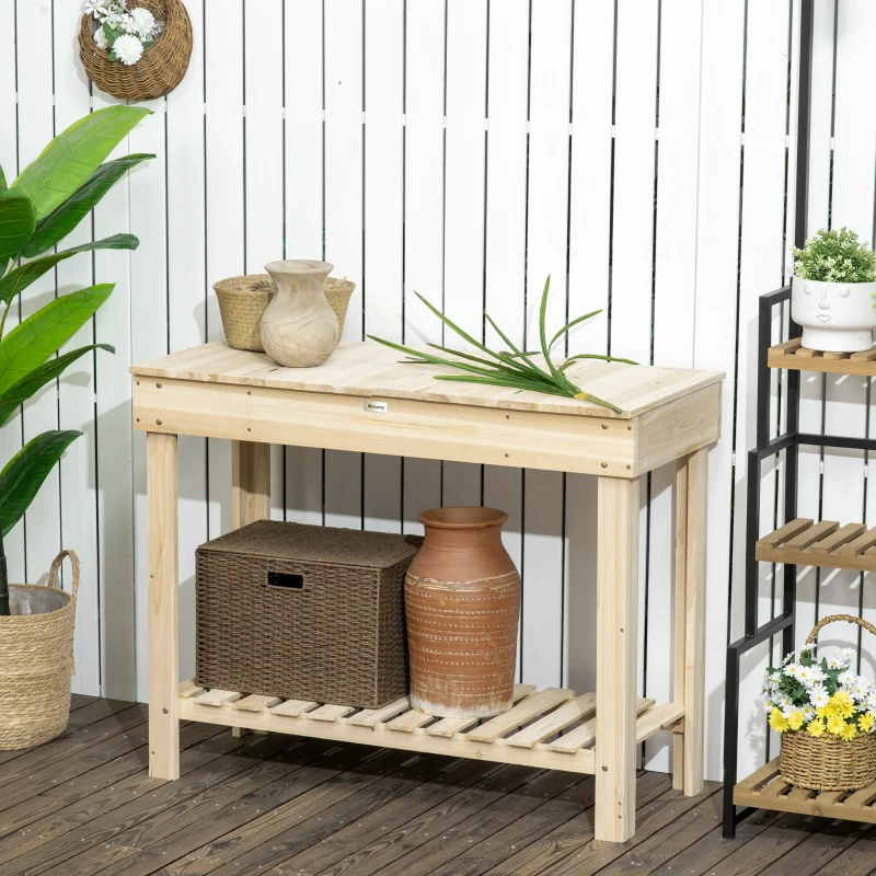 Outsunny Outdoor Potting Bench Wood Potting Table with Hidden Storage Box & Lower Shelf for Garden, Yard, Greenhouse
