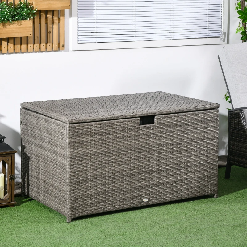 Outsunny 113 Gallon Outdoor Storage Box, Rattan Deck Box for Indoor, Patio Furniture Cushions, Pool Garden Tools, Gray