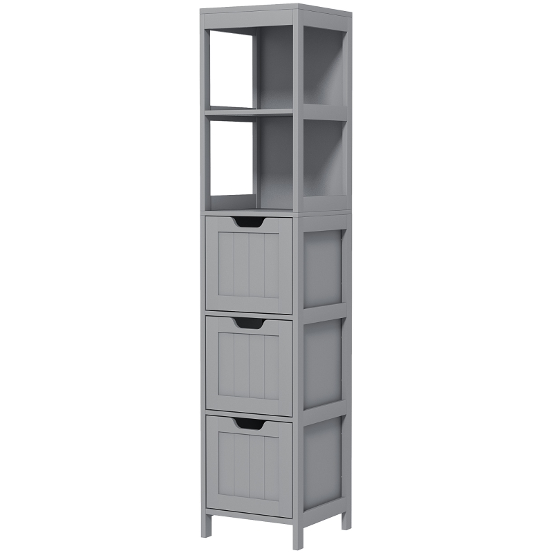 kleankin Narrow Bathroom Cabinet with 3 Drawers and 2 Tier Shelf, Tall Cupboard Freestanding Linen Tower, Grey