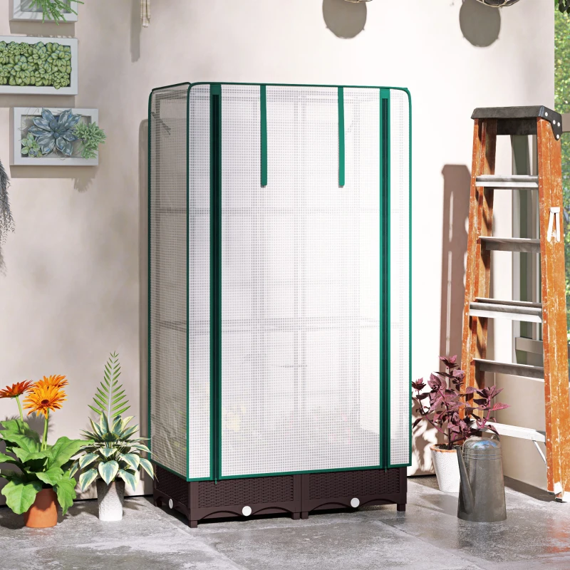 Outsunny Raised Garden Bed Kit with Trellis, Raised Flower Bed with PE Cover and Zipper Door, 31.5 x 15.7 x 48.8 inch, Brown