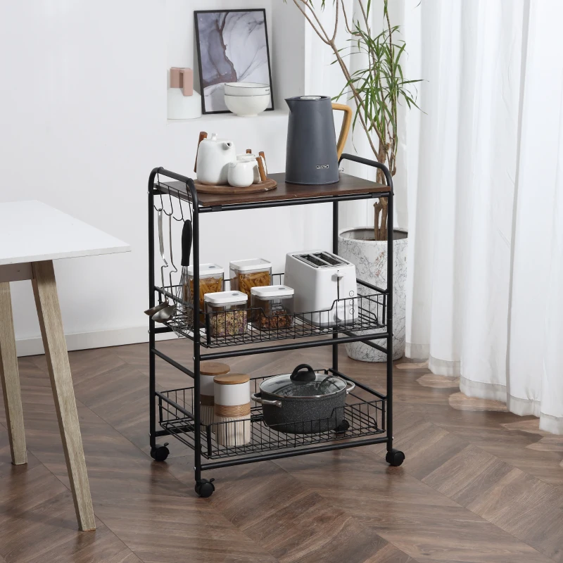 HOMCOM 3 Tier Rolling Kitchen Cart with Storage, Kitchen Island Cart on Wheels with 2 Sliding Fruit Basket, Microwave Cart with Side Hooks for Dining Room, Walnut