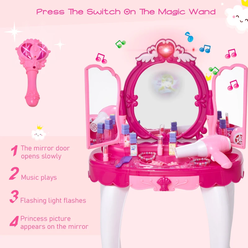 Qaba Infrared Remote Control Kids Vanity Set, Girls Pretend Dressing Table Set with Magic Wand, Music, Lightening, Cosmetic Mirror, Hair Dryer and Makeup Accessories