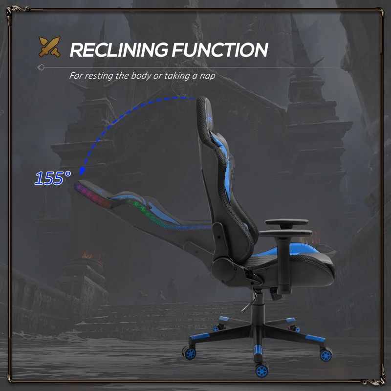 Vinsetto Racing Gaming Chair with RGB LED Lights, Adjustable Height, Gamer Office Chair, Computer Desk Chair, Black/Blue