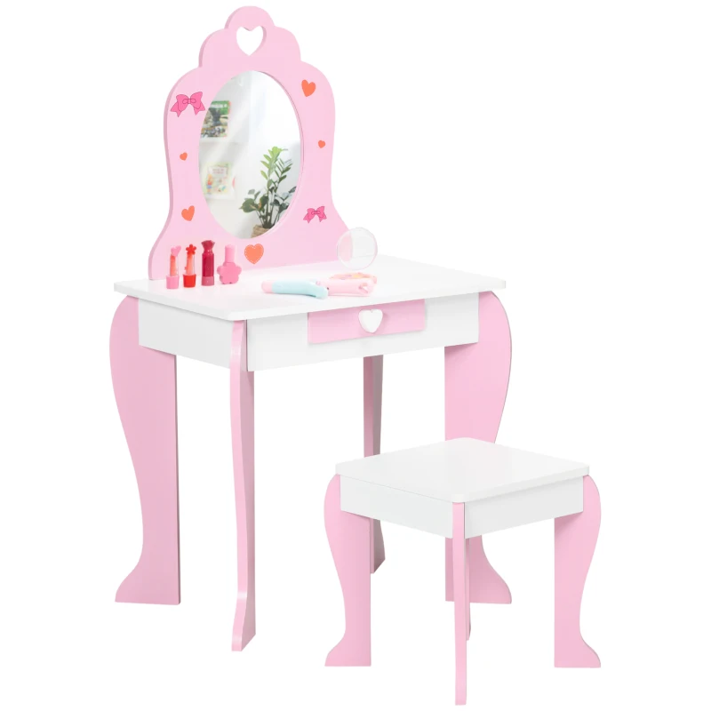 Qaba Kids Vanity Table & Chair Set Girls Dressing Set with Mirror Drawer Cute Patterns for 3-6 Years Old, Pink