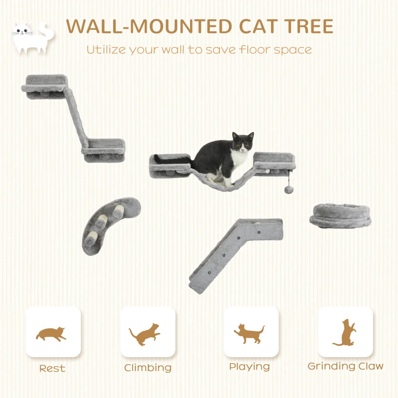 PawHut 5PCs Cat Wall Shelves with Scratching Post, Ladder, Cat Bed, Jumping Platform, Perches, Toy Ball, Step