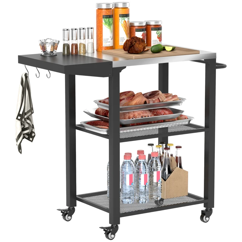 Outsunny Outdoor Grill Cart w/ Foldable Side Table, 3-Tier Pizza Oven Stand w/ Stainless Steel Tabletop, Hooks, Wheels