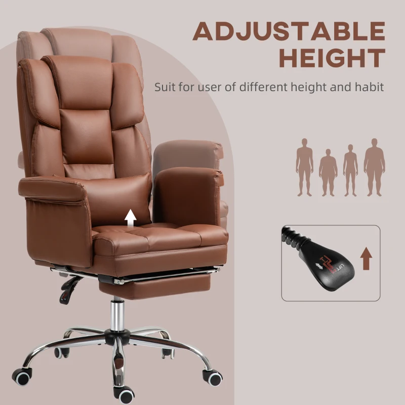 HOMCOM Executive Office Chair with Footrest and Lumbar Support, PU Leather Desk Chair, Ergonomic, Reclining and Swivel, Brown
