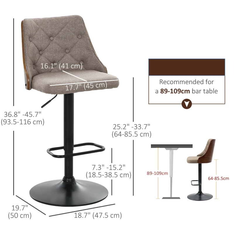 HOMCOM Counter Height Bar Stools Set of 2 with Solid Wood Back, Height Adjustable Swivel Barstools, Button Tufted Linen Fabric Bar Chairs with Footrest, Brown