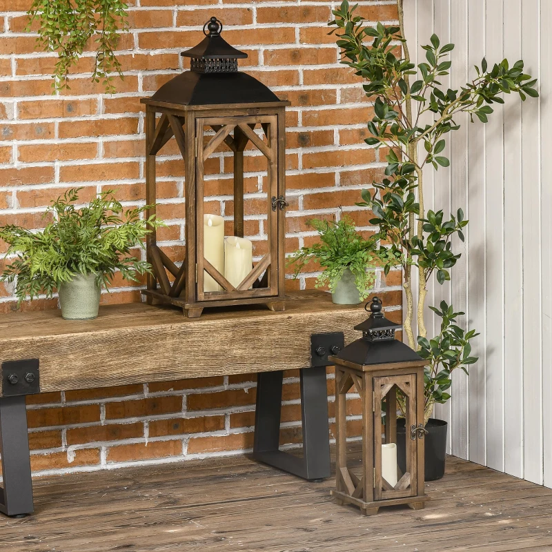HOMCOM 2 Pack 31"/21" Large Rustic Lantern Decorations, Hanging Wooden Metal Indoor Covered Outdoor Lantern for Home Decor (No Glass), Black and Dark Wood Color
