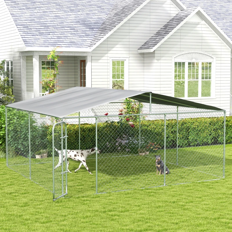 PawHut Dog Kennel Outdoor, Heavy Duty Playpen with Secure Lock, Cover, for Backyard & Patio, 15.1' x 15.1' x 7.5'