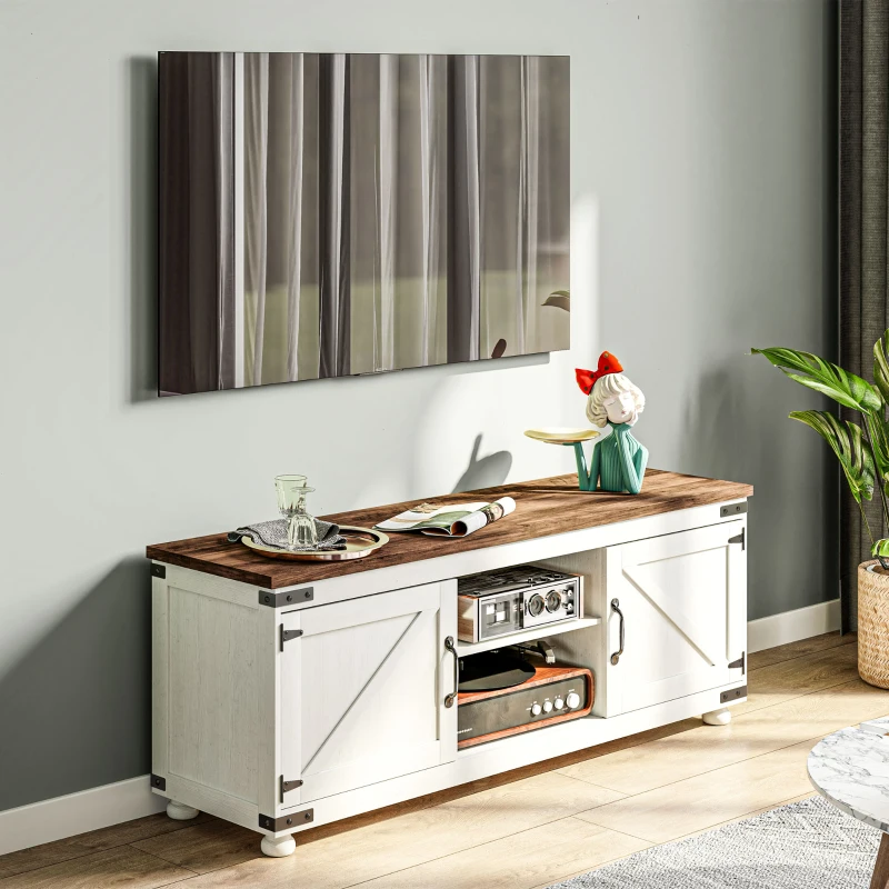 HOMCOM Farmhouse TV Stand Small Minimalist Barn Doors Cable Management for 65" TV Small Space Apartment Distressed White