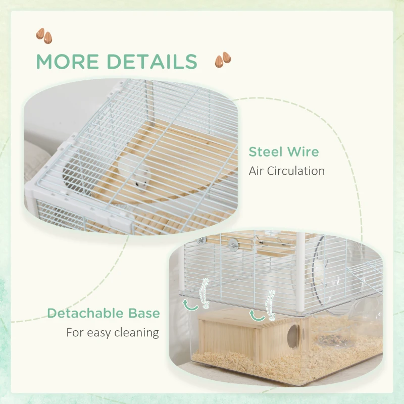 PawHut Hamster Cage with Deep Bottom, Wooden Ramp, Hut, Bathroom and Exercise Wheel for Hamster and Gerbil, White