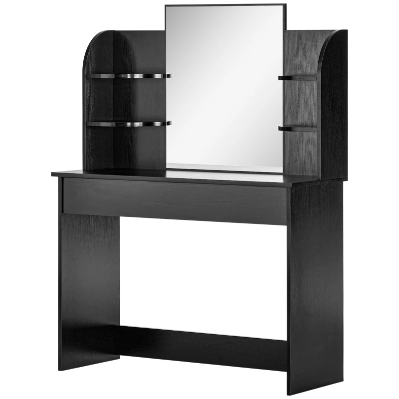 HOMCOM Vanity Desk with Mirror, Makeup Vanity with Open Shelves and Drawer, Dressing Table for Bedroom, Black