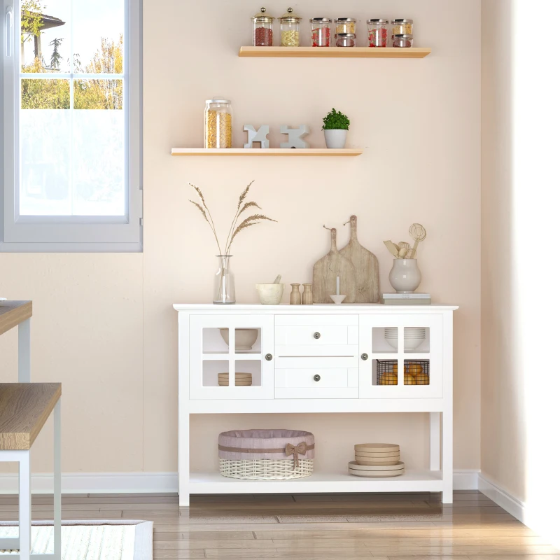 HOMCOM Coffee Bar Cabinet, Kitchen Cabinet with Adjustable Shelves, Glass Doors and 2 Drawers, Sideboard Buffet Cabinet for Living Room, White