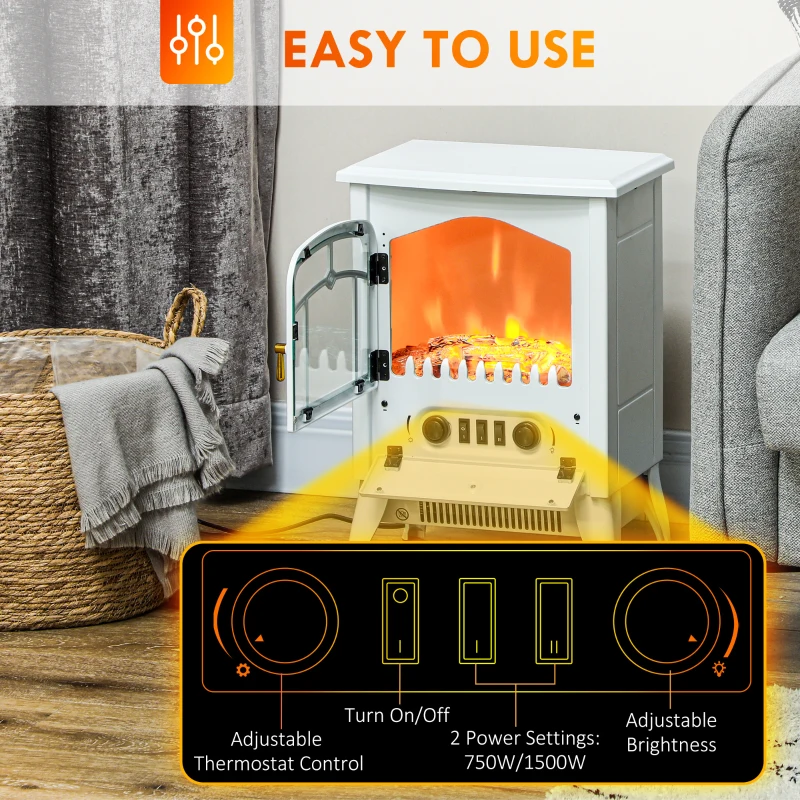 HOMCOM Fireplace Stove, Electric Fireplace Heater with Realistic LED Flames and Logs, 725W/1450W, White