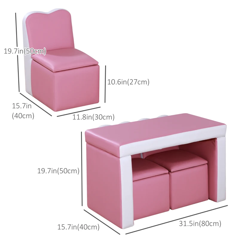 Qaba Kids Sofa Set 2-in-1 Multi-Functional Toddler Table Chair Set 2 Seat Couch Storage Box Soft Sturdy Pink