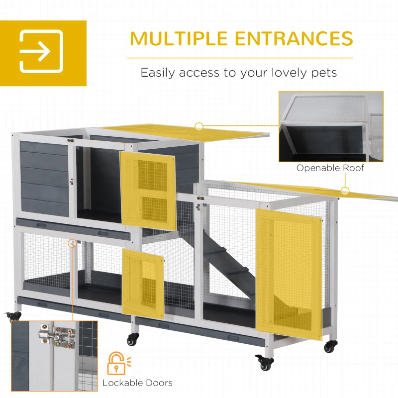 PawHut Wooden Rabbit Hutch Elevated Pet House Bunny Cage Small Animal Habitat with Slide-out Tray Lockable Door Openable Top for Indoor 58" x 18" x 35" Grey