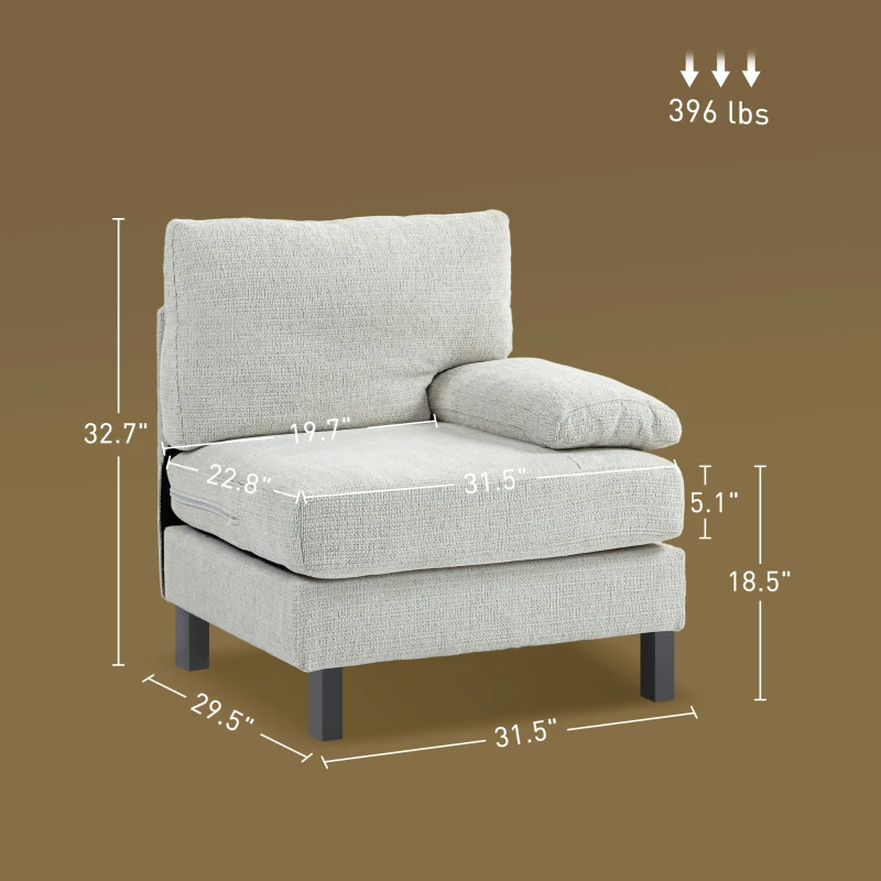 HOMCOM Right Side Module for Modular Sectional Sofa, Upholstered Armchair with Wood Legs and Pocket Spring, Cream White