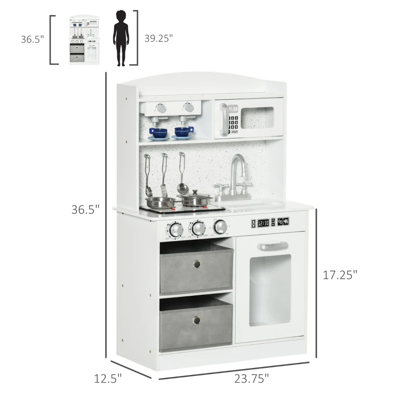 Qaba Wooden Play Kitchen with Easy Toy Organizer Bins, Latte Maker Pretend Play Kitchen Set with Stove Sound Effects, Preschool Imaginative Toy Playset