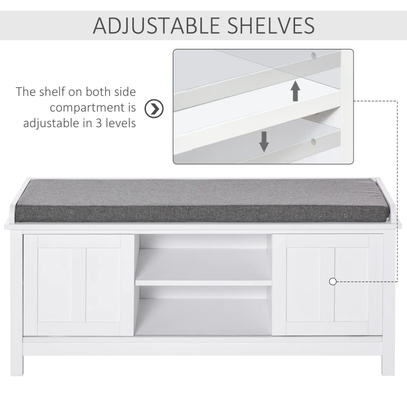 HOMCOM Entryway Shoe Bench Storage Ottoman with Sliding Doors, Adjustable Shelving, 6 Compartments, and Padded Seat, Holds 10 Pairs, White