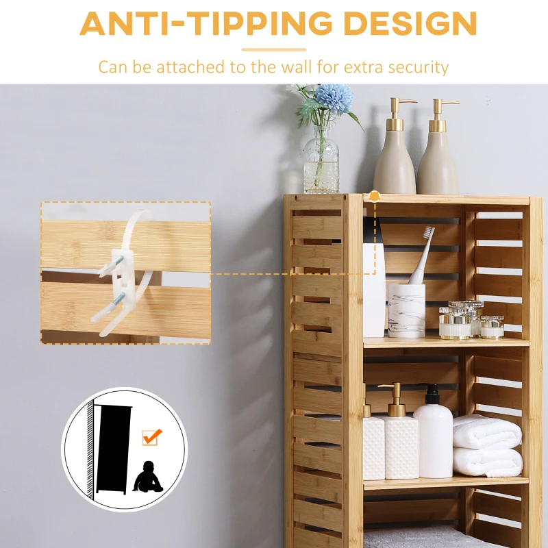 kleankin Tall Bathroom Storage Cabinet with 3 Open Shelves, Slim Bamboo Linen Tower Freestanding Linen Towel with Slatted Door, Natural