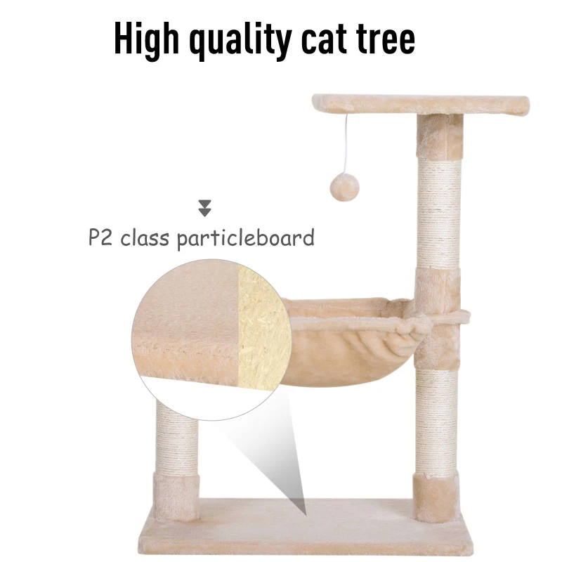 PawHut 27.5" Cat Tree Hammock with 3 Natural Sisal Scratching Post, Teasing Toy - Beige