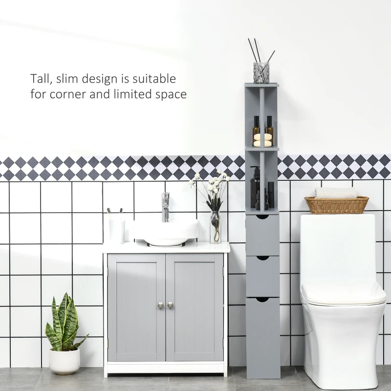 HOMCOM 54" Tall Bathroom Storage Cabinet, Freestanding Linen Tower with 2-Tier Shelf and Drawers, Narrow Side Floor Organizer, Grey