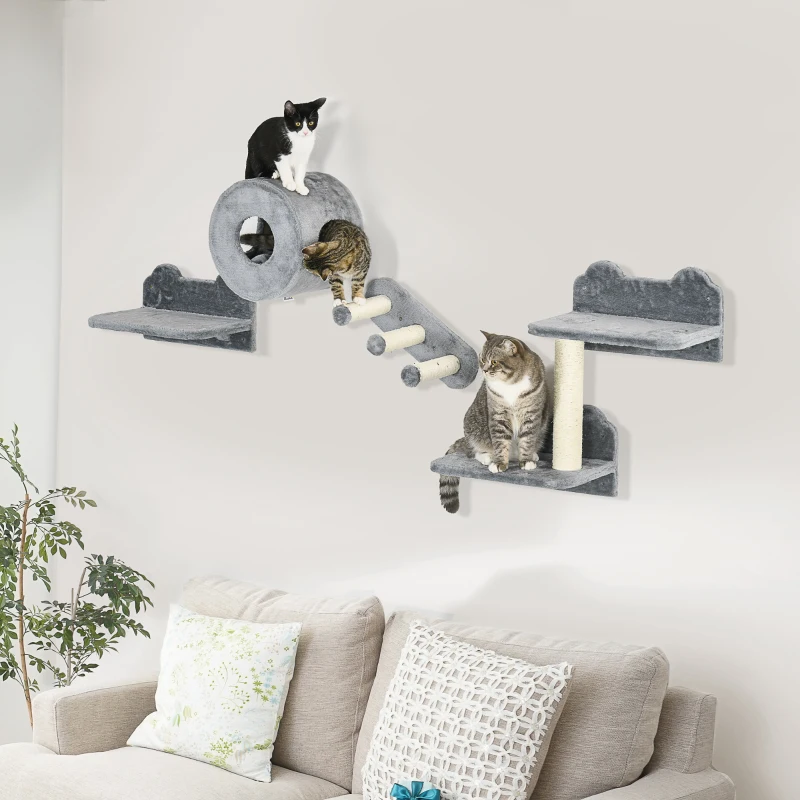 PawHut Cat Wall Shelves, 4 Pcs Cat Wall Furniture, Gray
