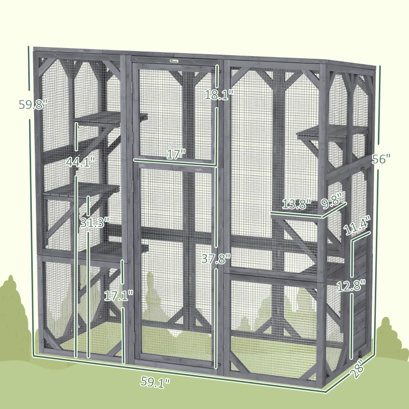 PawHut Large Wooden Catio Outdoor with 6 Jumping Platforms, Weatherproof Roof, for 1-3 Cats, 59" x 28" x 60", Gray