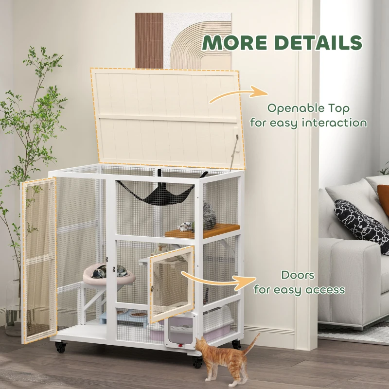 PawHut Cat House, Indoor Cat Enclosure on Wheels with Openable Top, 39", White