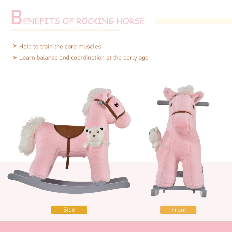 Qaba Kids Rocking Horse Plush Animal on Wooden Rockers with Sounds, Wooden Base and Bear Toy, Baby Rocking Chair, Pink